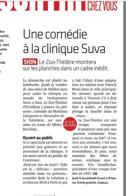 Article du Nouvelliste : une comédie à la clinique Suva